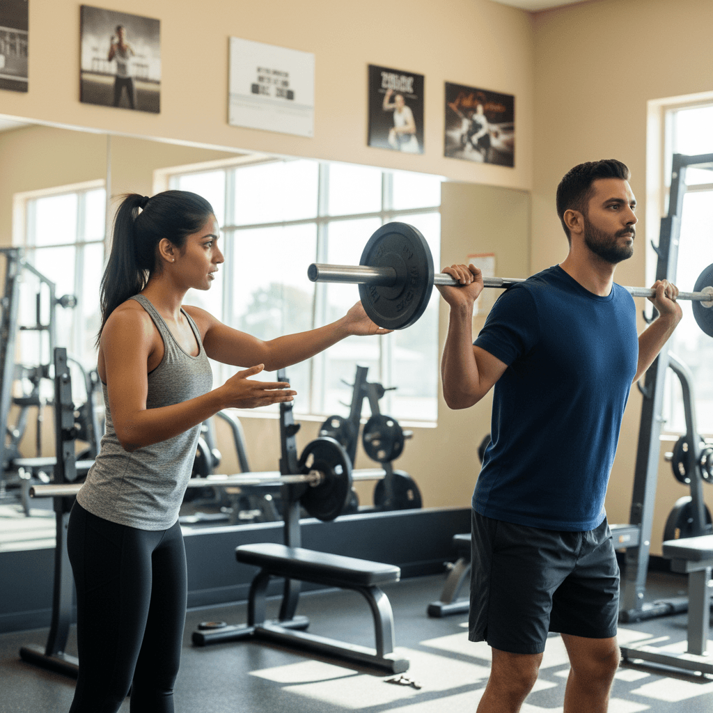 Personal trainer providing guidance during barbell training