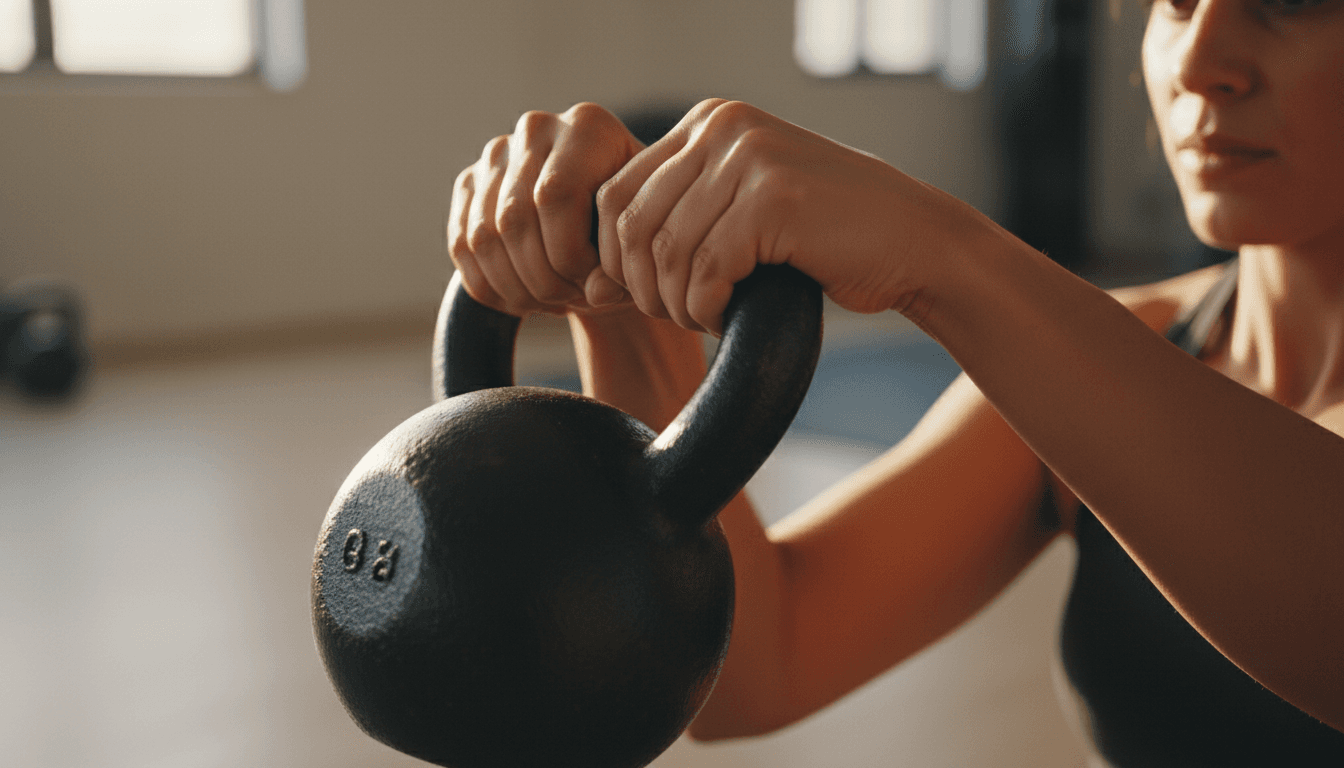 Close-up of member's hands gripping kettlebell showing determination and readiness