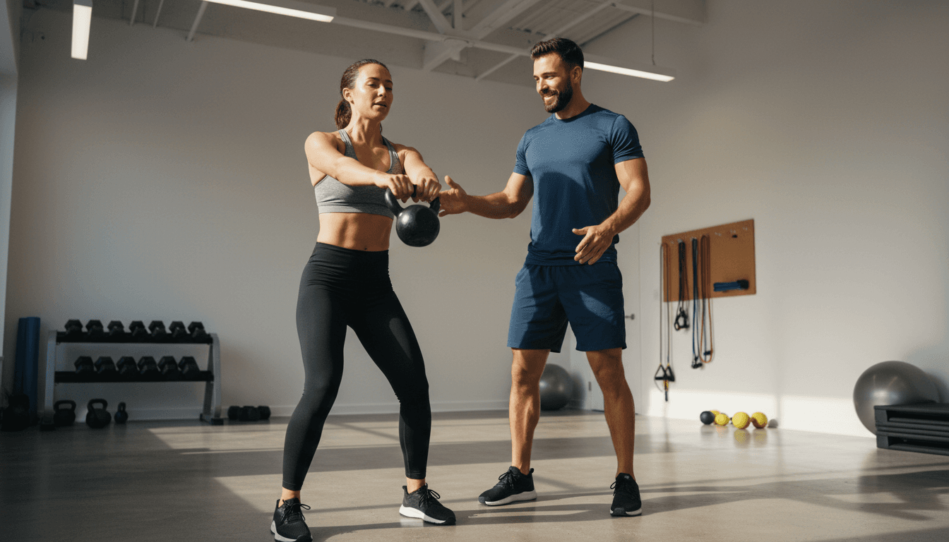 Personal trainer coaching client through kettlebell movement