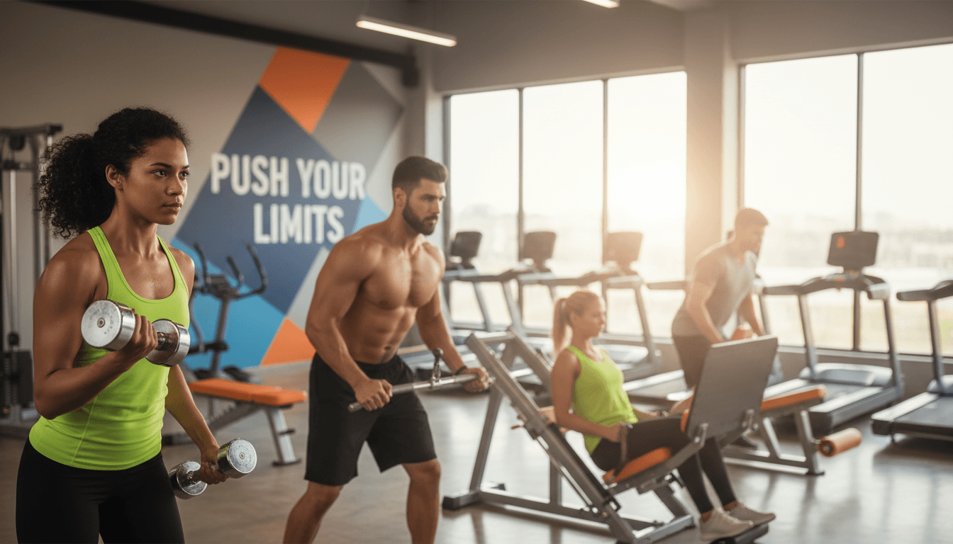 Group of gym members exercising together in supportive environment