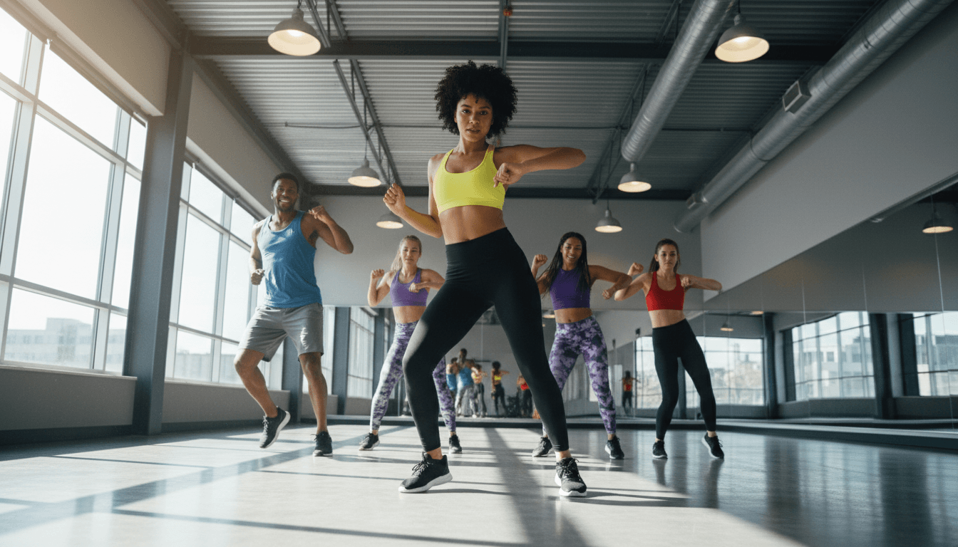 Cardio class participants exercising together with instructor