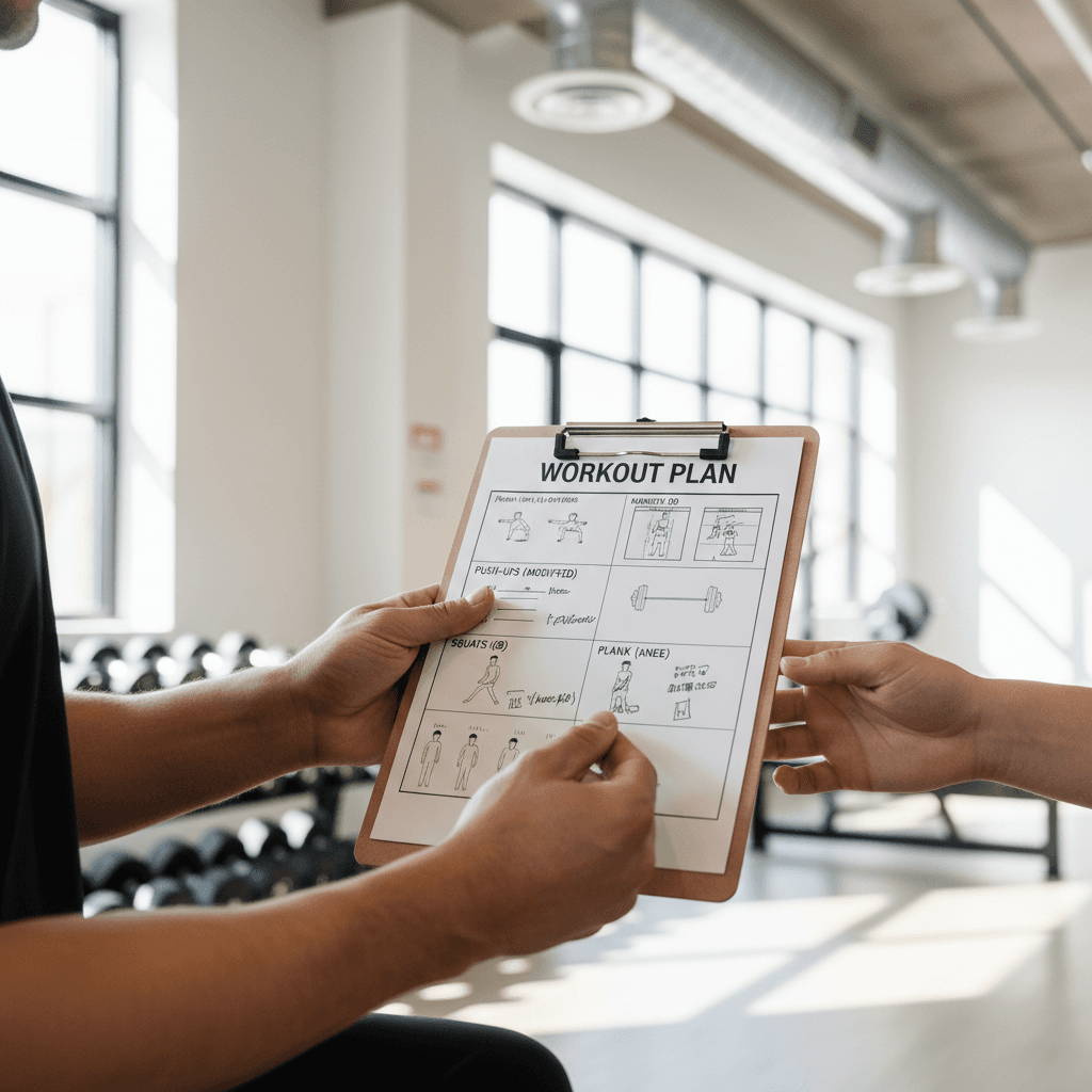 Trainer reviewing personalized workout plan with member