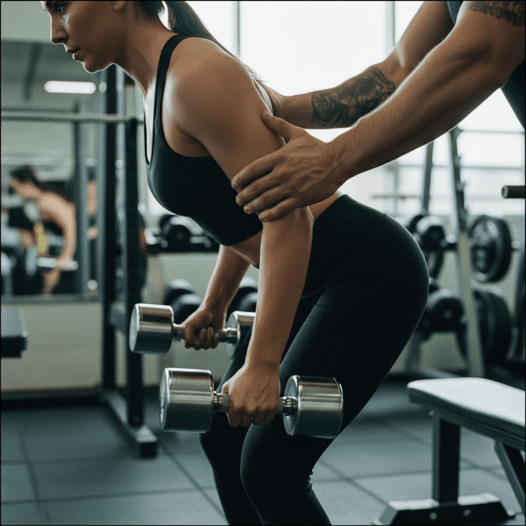 Trainer's hands adjusting client's form on gym equipment