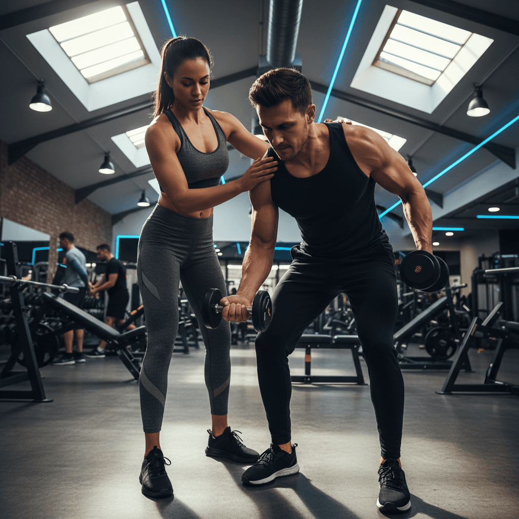 Personal trainer demonstrating proper dumbbell form beside client