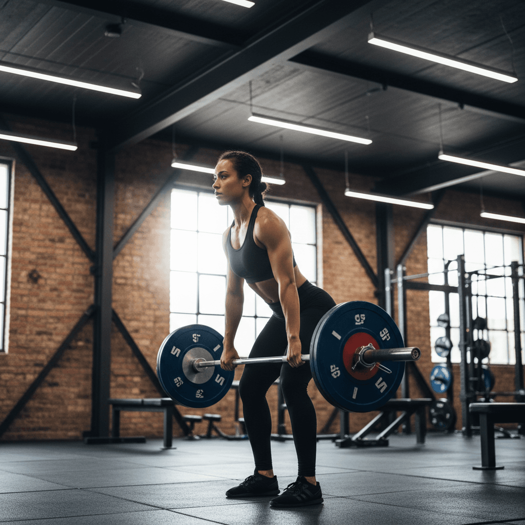 Woman performing barbell deadlift with trainer guidance
