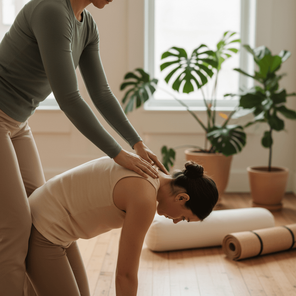 Yoga instructor leading a guided flexibility and balance class