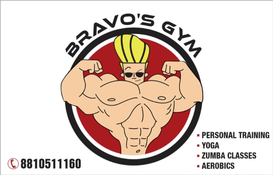 Bravo's Gym logo featuring a muscular Johnny Bravo character flexing, listing various fitness training services.